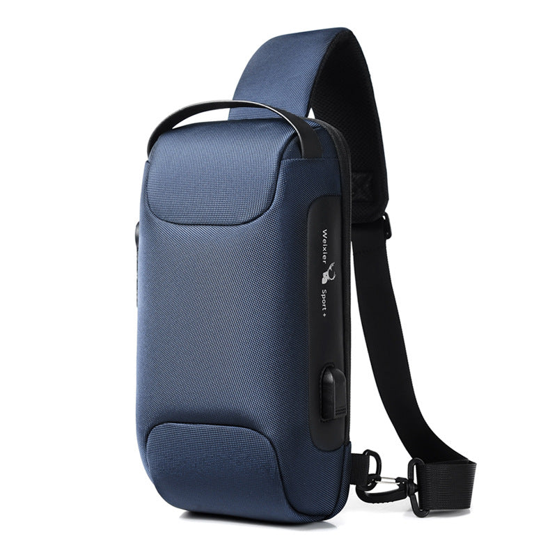 Navy anti-theft crossbody sling with hidden zipper and USB port