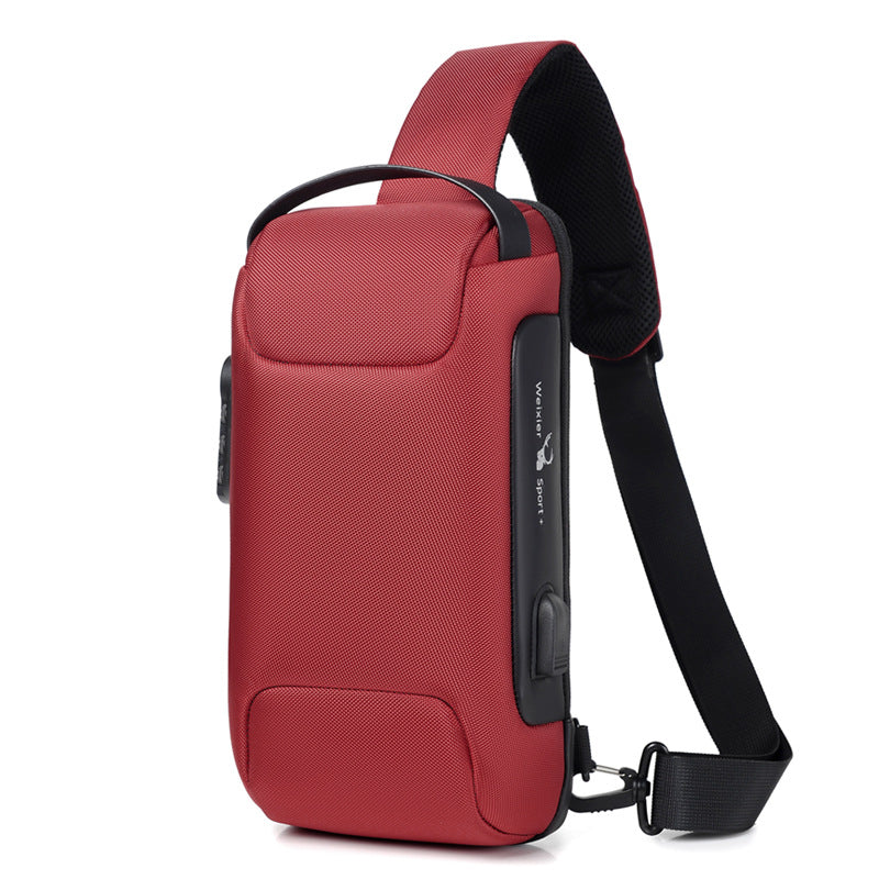 Red anti-theft crossbody sling, side view showing USB port
