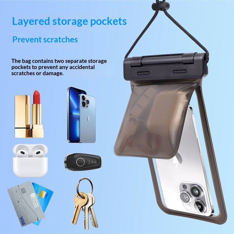 Layered storage pockets hold phone, cards, and keys